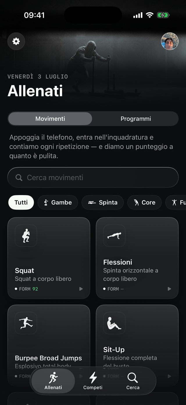 The Train tab: a searchable movement library with per-exercise form scores